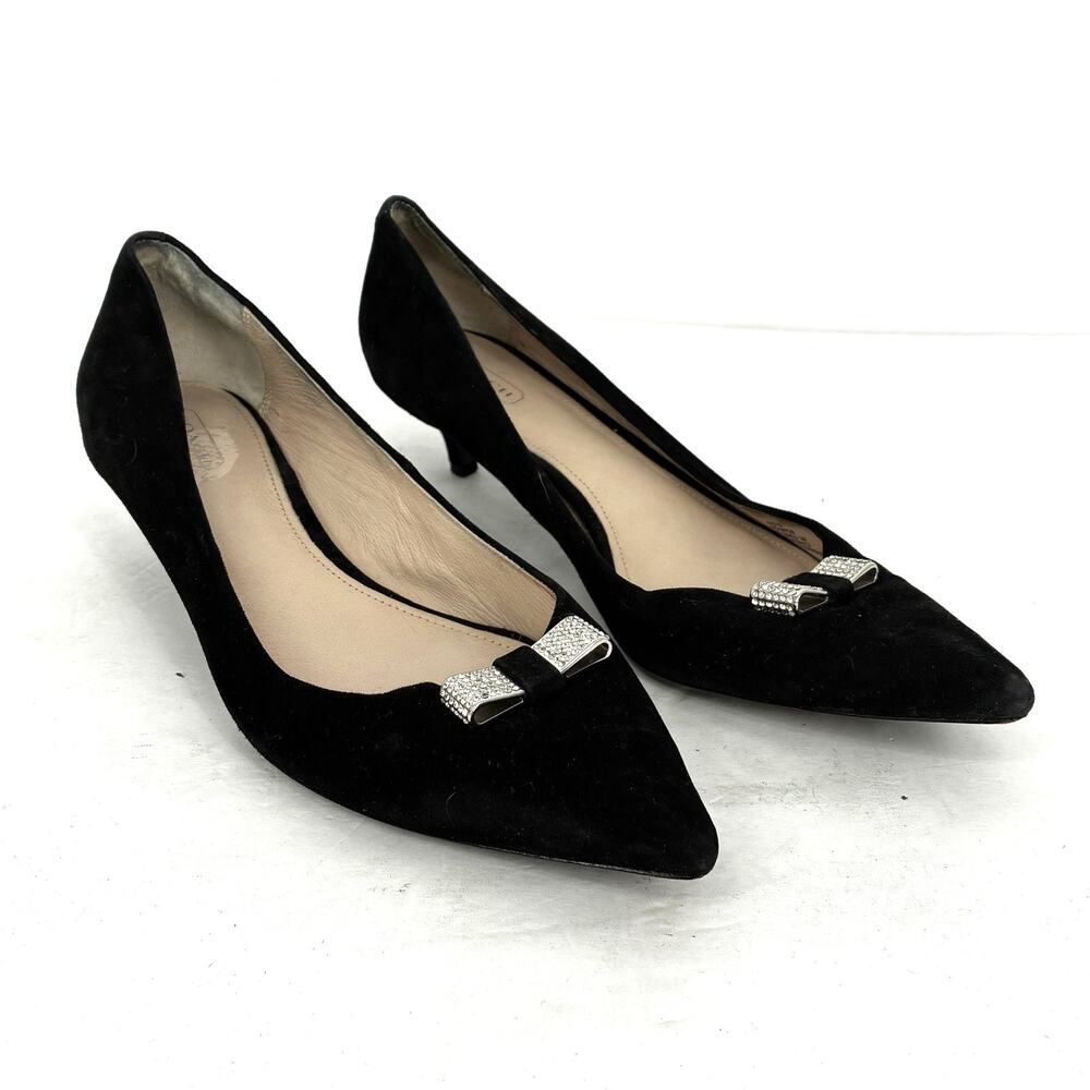 Coach Monroe Black Suede Kitten Heels Crystal Bow Pumps Women's Size 9